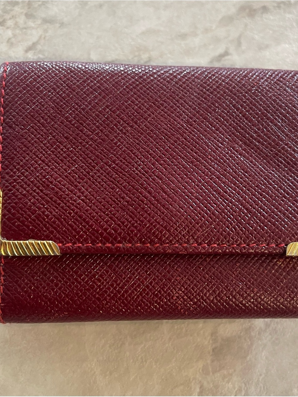 Judith Lieber Women’s Burgundy Leather Fold Wallet Gold Accents, 3” X 2-1/4”